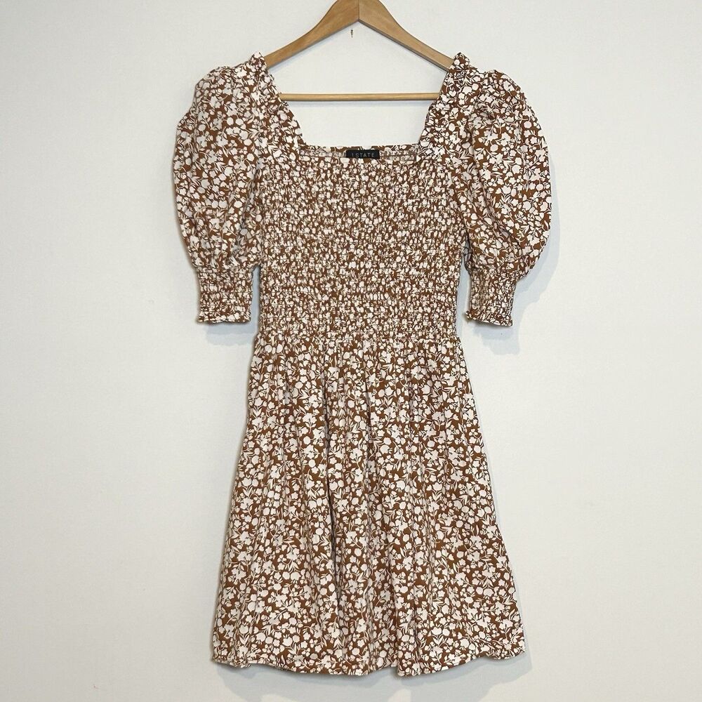 Smocked Floral Mini Dress Puff Sleeve Cottagecore Boho Brown M 1.STATE